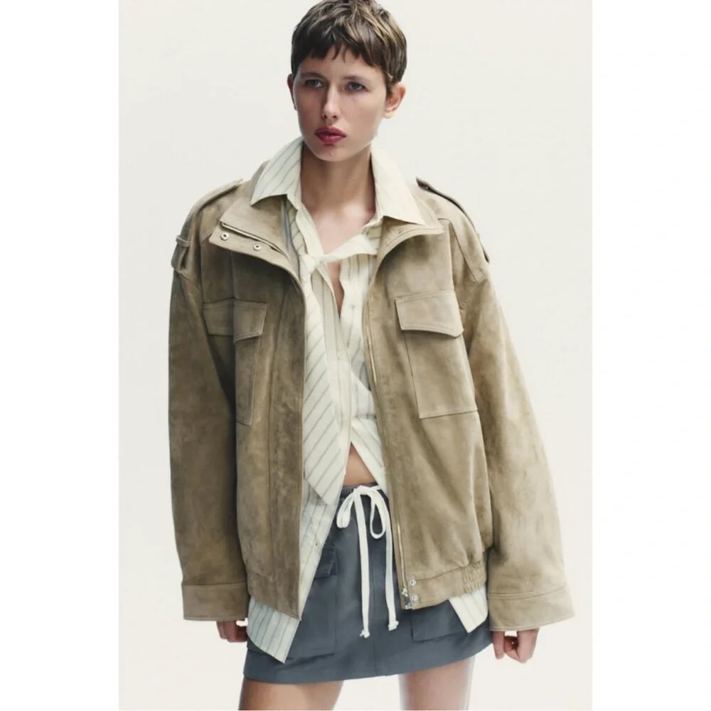 ZARA Viral Suede Leather Oversized Jacket. New, S - Picture 6 of 16